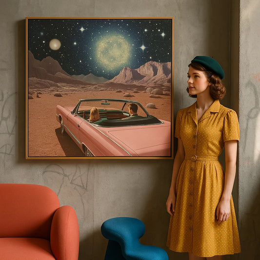 Pink Vintage Car In Space Collage Art 2